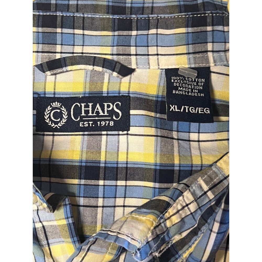 Chaps Men Yellow & Blue Plaid Button-Down Shirt XL 100% Cotton Long Sleeve - Picture 13 of 16